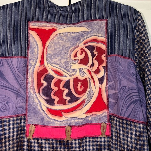 Vintage Faith Patchwork Fish Blazer Jacket Wooden Buttons Size Medium Cropped - Picture 8 of 9